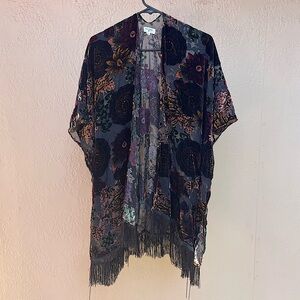 Cost Plus World Market Velvet Floral Open Kimono in Black, Plum & Mustard